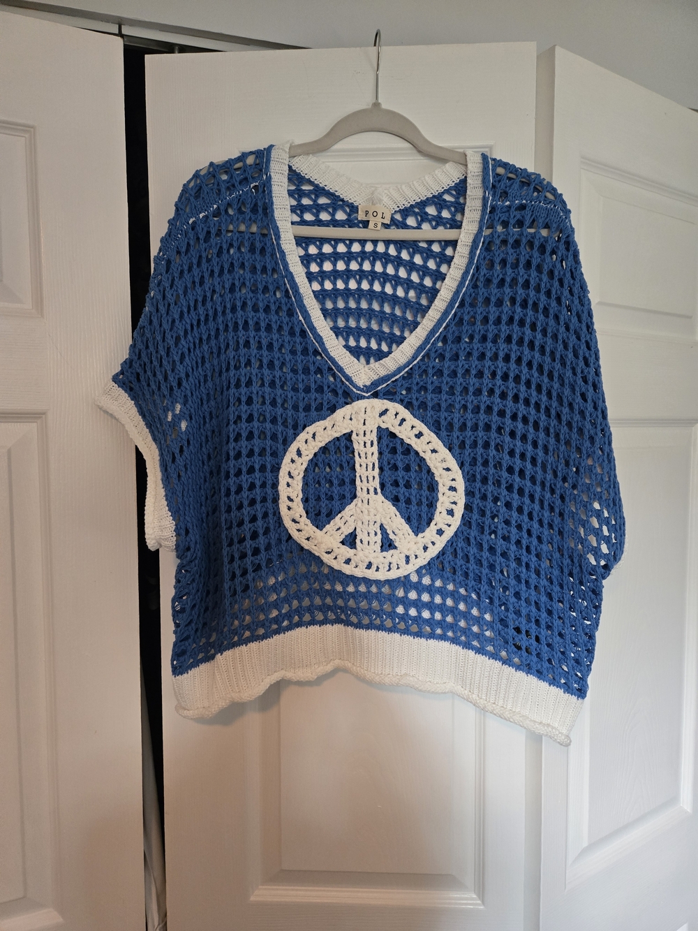 POL Blue Crochet Mesh Top with White Trim